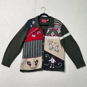 Northcrest Holiday Festive Winter Wonderland Ice Skating Cardigan Sweater Large